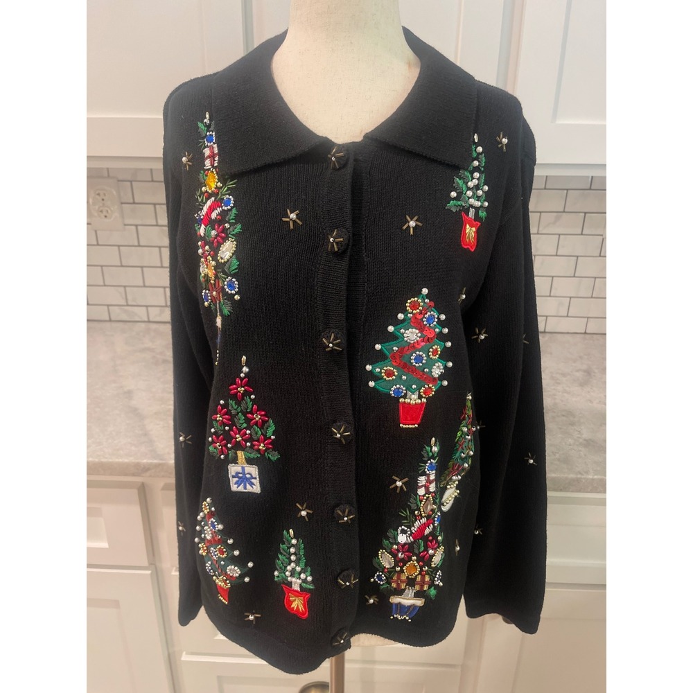 Victoria Jones Cardigan Womens PM Black Christmas Tree Beaded Holiday Sweater